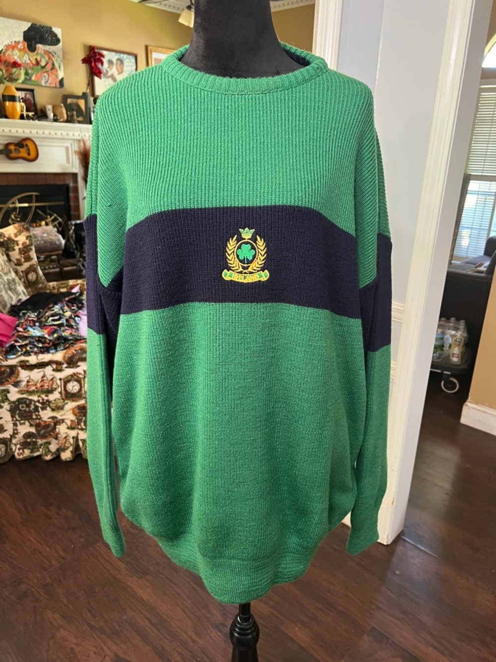 Men's Green Crewneck Sweater with Navy Rugby Stripe and Crest made in Ireland